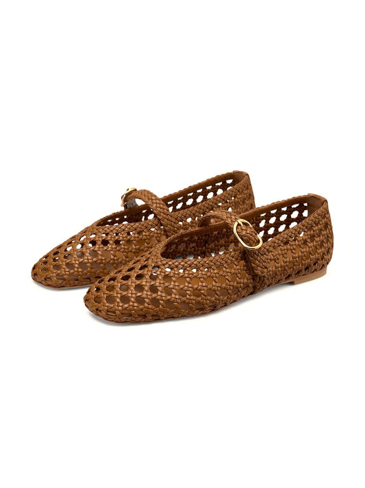 Tan Woven Vegan Leather Square-Toe Classic Buckle Bridge Strap Flats
