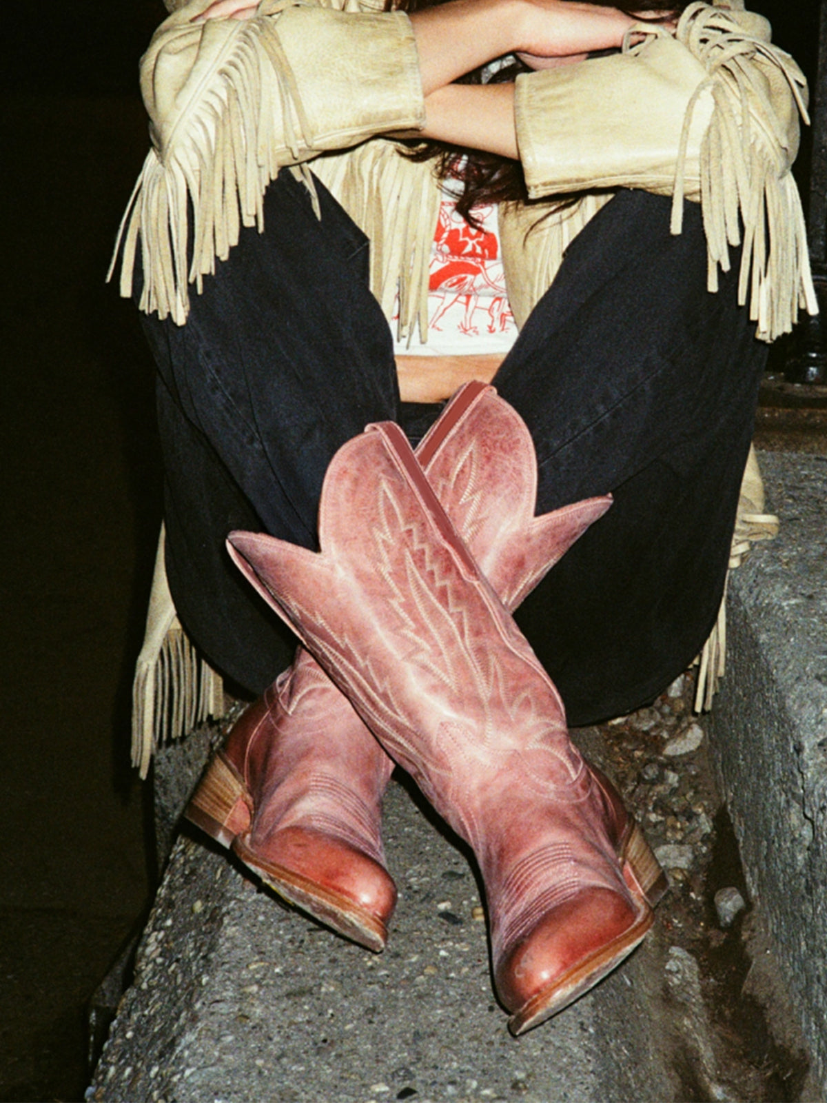 Distressed Pink Almond-Toe Embroidery Mid Calf Cowgirl Boots