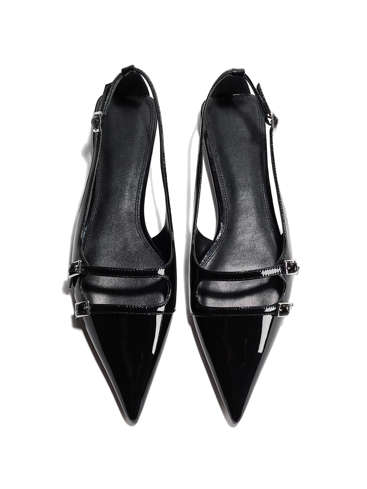 Patent Black Pointed-Toe Front Double Strap And Slingback Flats
