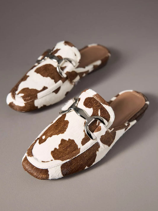 Cow Print Square-Toe Slip-On Front Metal Detail Flats Loafers