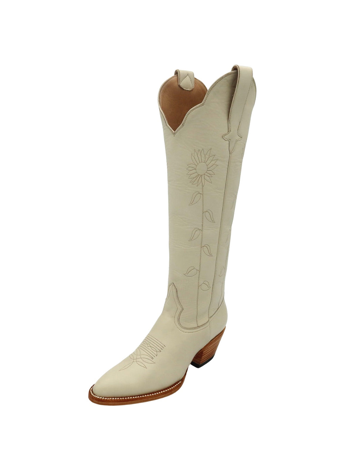 Bone Almond-Toe Delicate Flower Embroidery Wide Calf Knee High Cowgirl Boots
