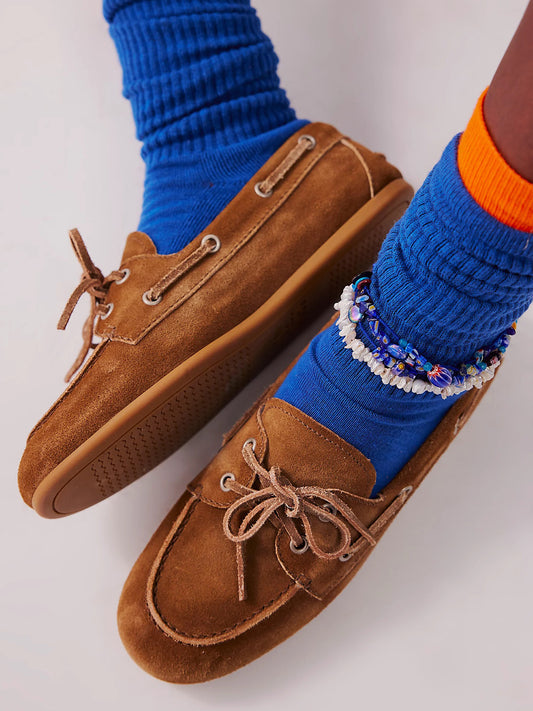 Camel Faux Suede Round-Toe Lace-Up Boat Shoes Flats