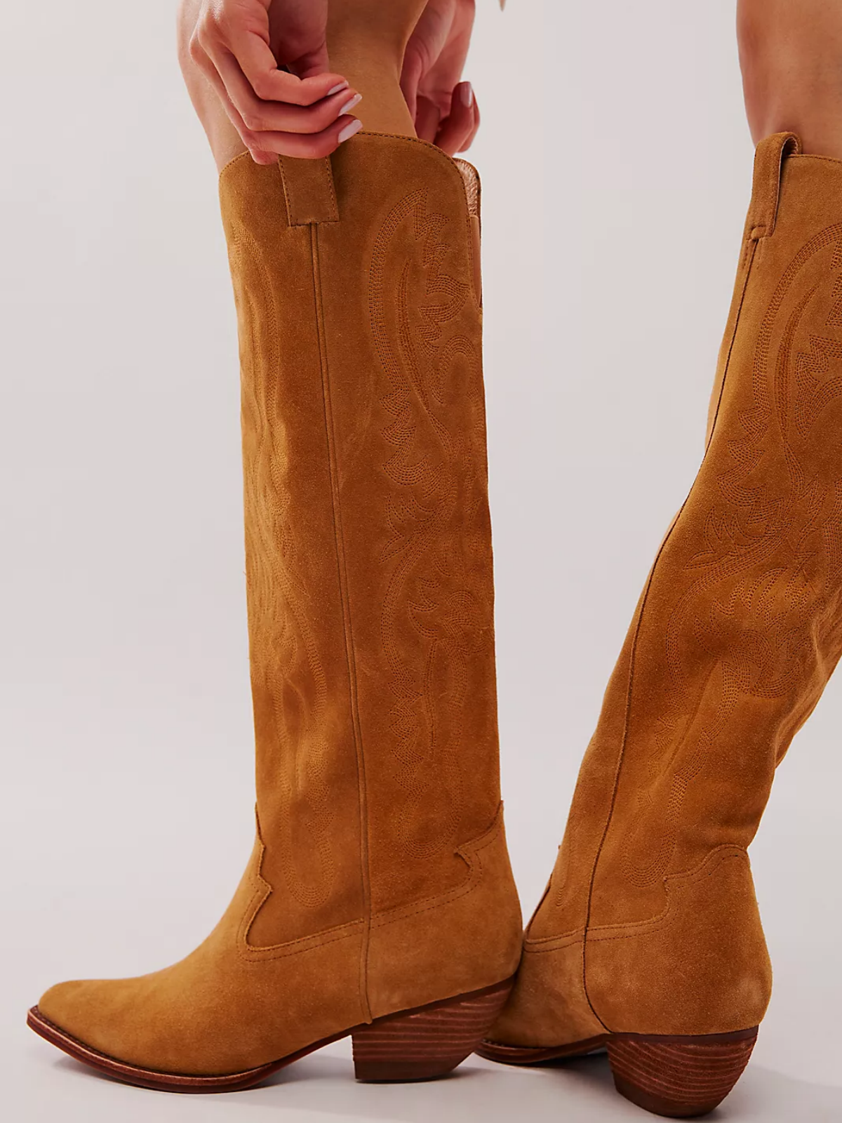 Camel Faux Suede Embroidery Pointed-Toe Tall Wide Mid Calf Western Boots For Women