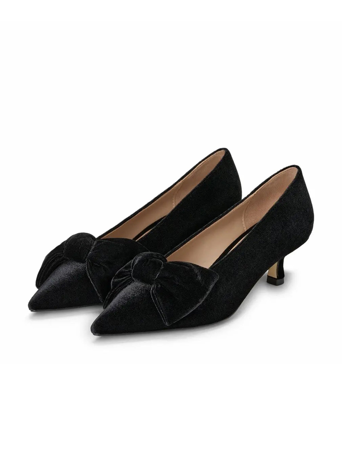Black Velvet Pointed-Toe Front Oversized Bow Slip-On Kitten Heels