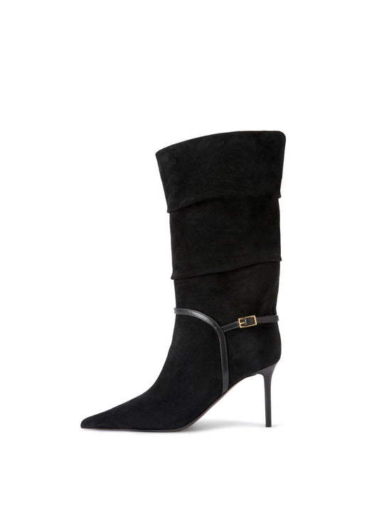 Black Faux Suede Pointed-Toe Buckle Strap Mid Calf Stiletto Boots