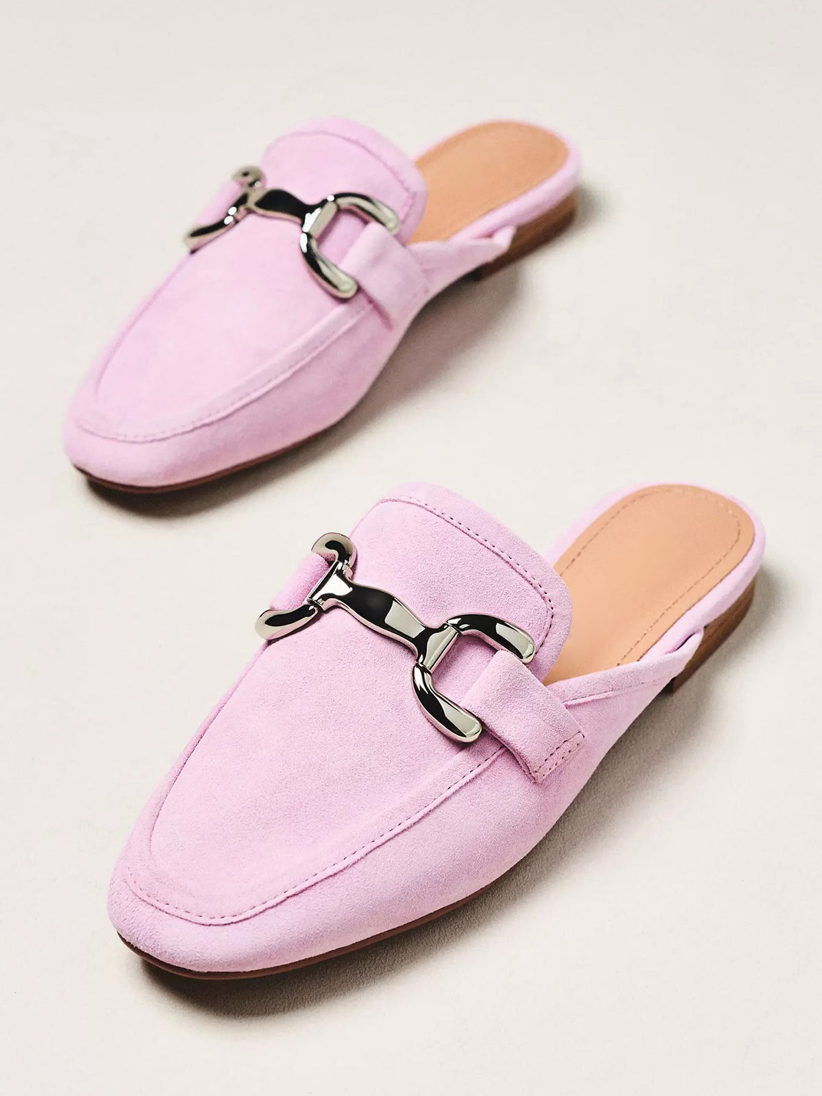 Sakura Pink Faux Suede Square-Toe Slip-On Front Metal Detail Flats Loafers