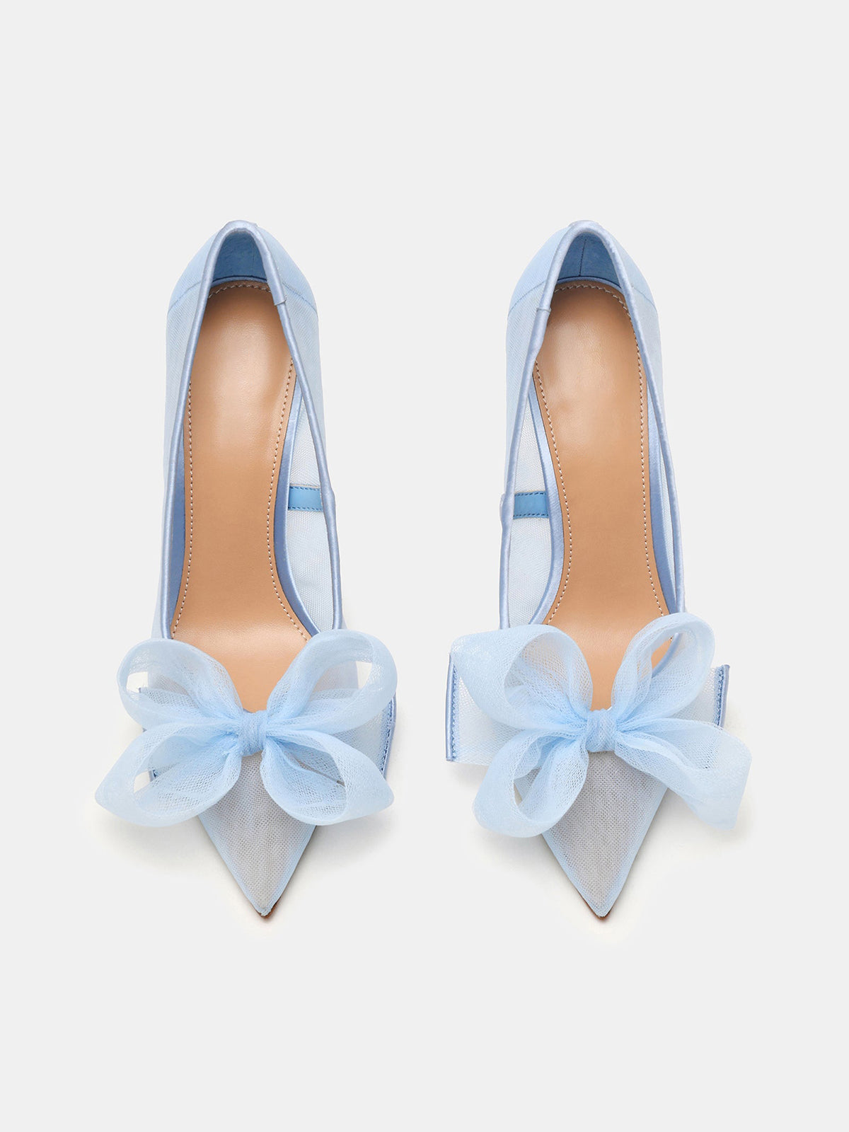 Blue Mesh Pointed-Toe Front Bow Slip-On High Heels