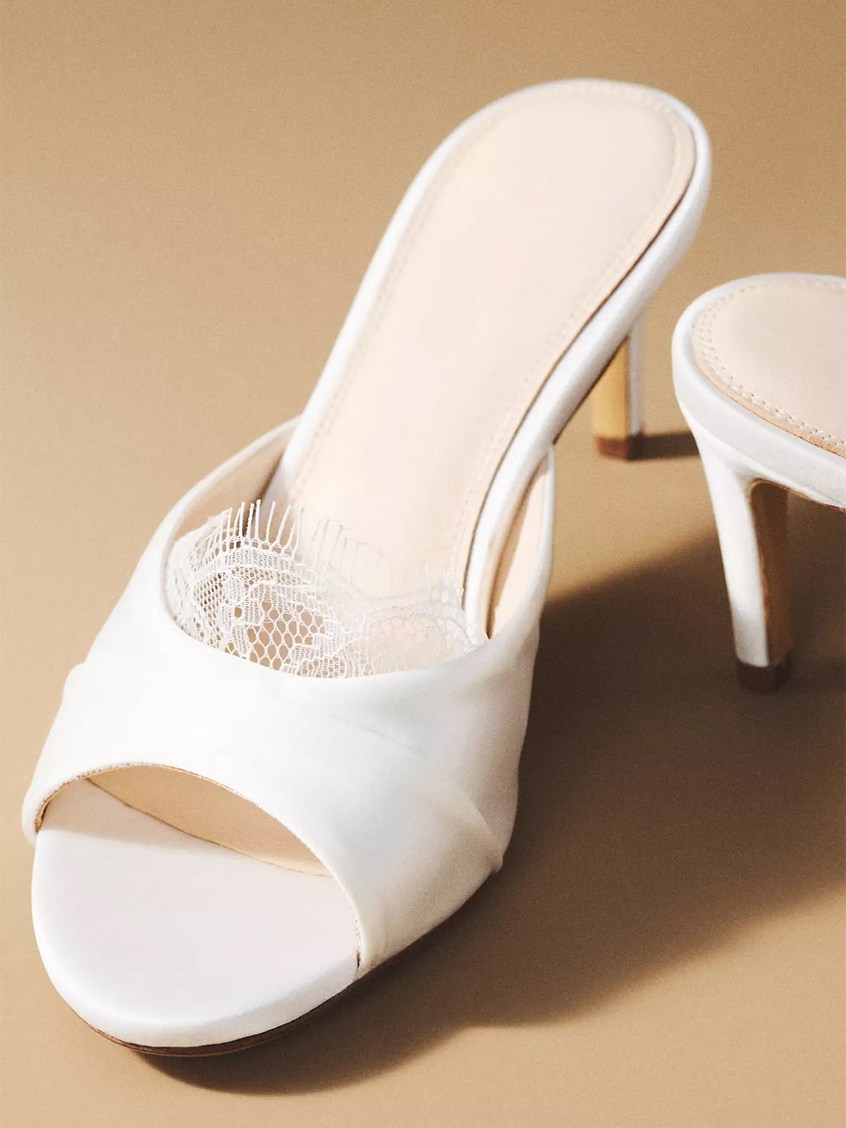 White Satin Lace Mesh Open Round-Toe Slip-On Backless High Heels