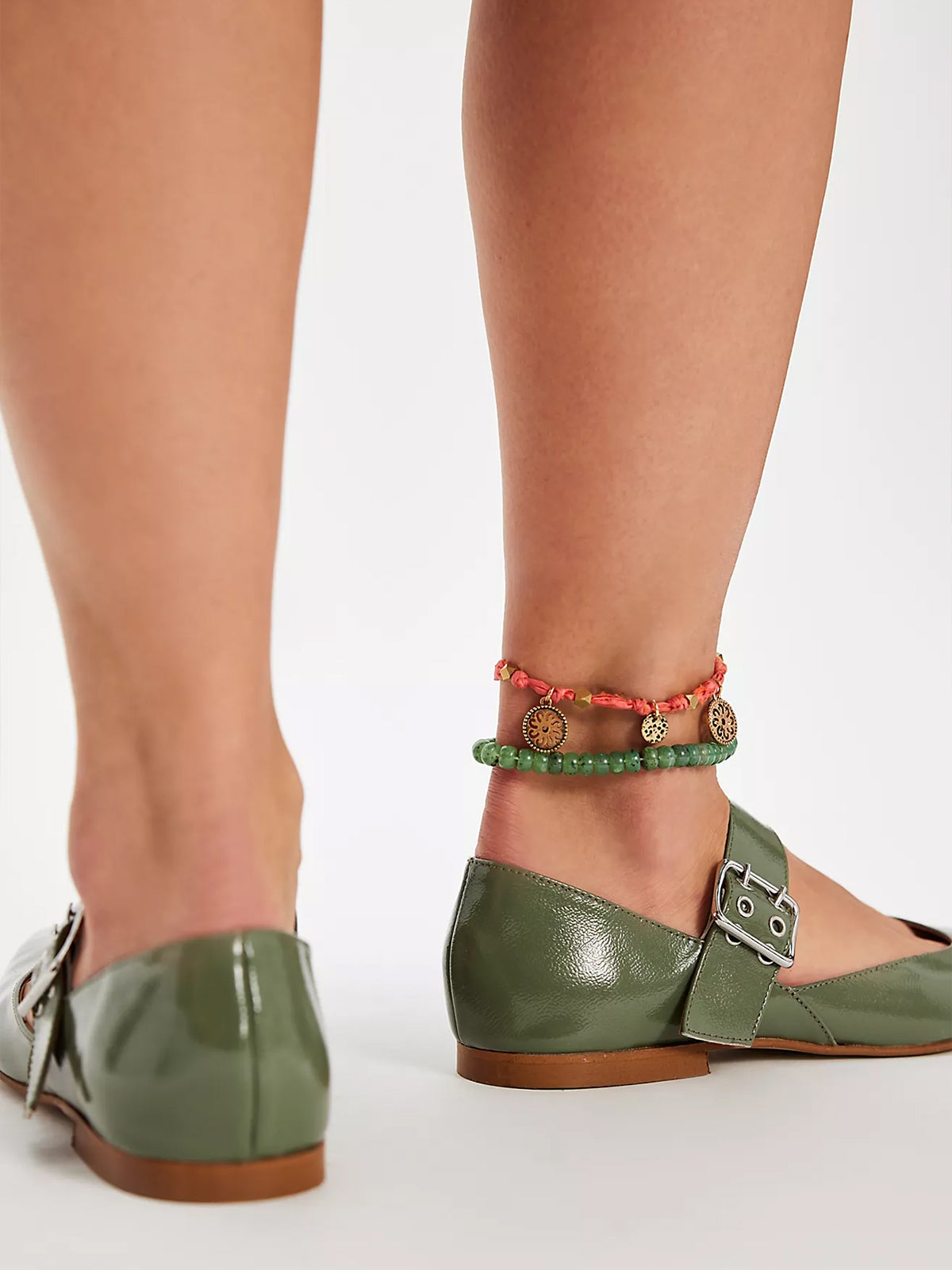 Patent Sage Square-Toe Buckle Strap Flats
