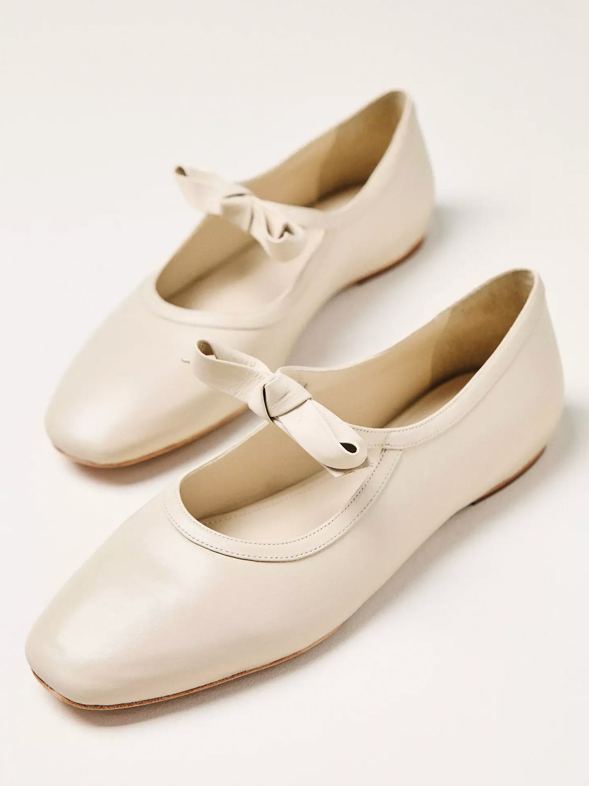 Cream Square-Toe Bridge Bow Strap Ballet Flats