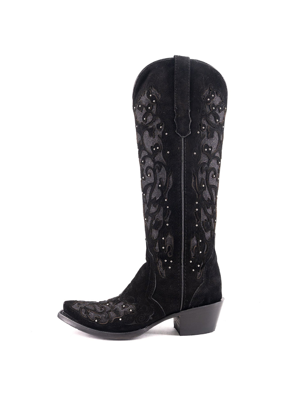 Black Faux Suede Snip-Toe Glitter Inlay And Studs Half-Zip Knee High Cowgirl Boots