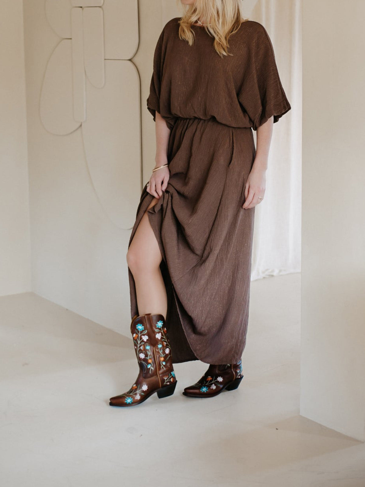 Dark Brown Floral Embroidery Snip-Toe Wide Mid Calf Cowgirl Boots