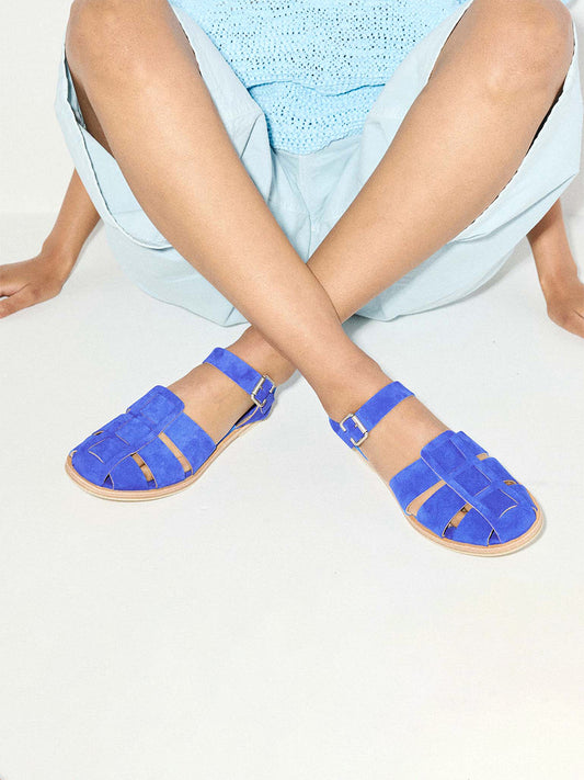 Dark Blue Faux Suede Round-Toe Fisherman Sandals Flats