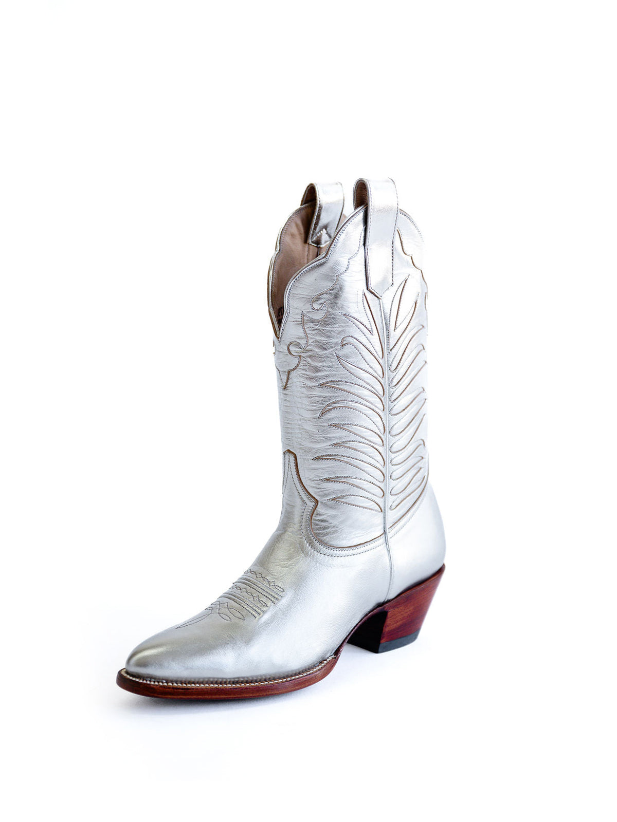 Metallic Silver Almond-Toe Inlay Applique Mid Calf Cowgirl Boots