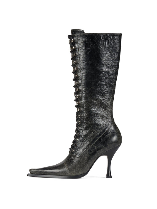 Dark Gray Crinkle Pointed-Toe Front Lace-Up And Full-Zip Knee High Stiletto Boots
