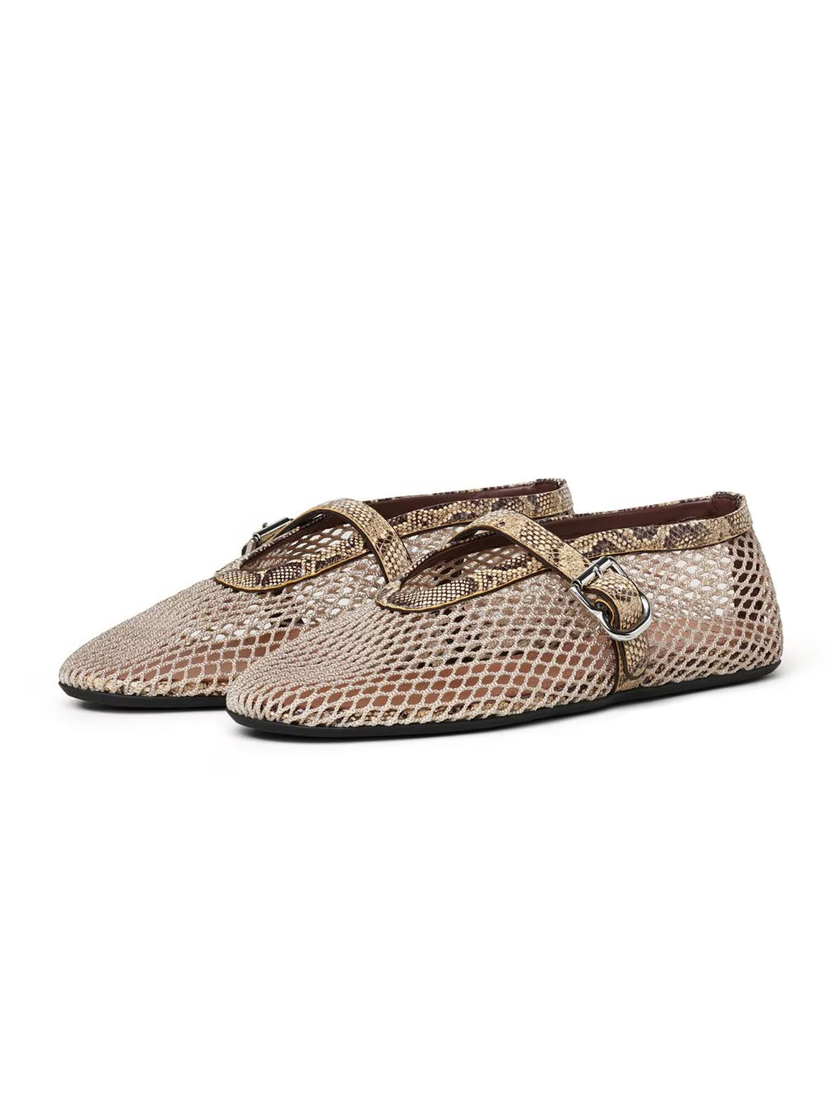 Honey Mesh And Snakeskin Pattern Square-Toe Mary Jane Ballet Flats