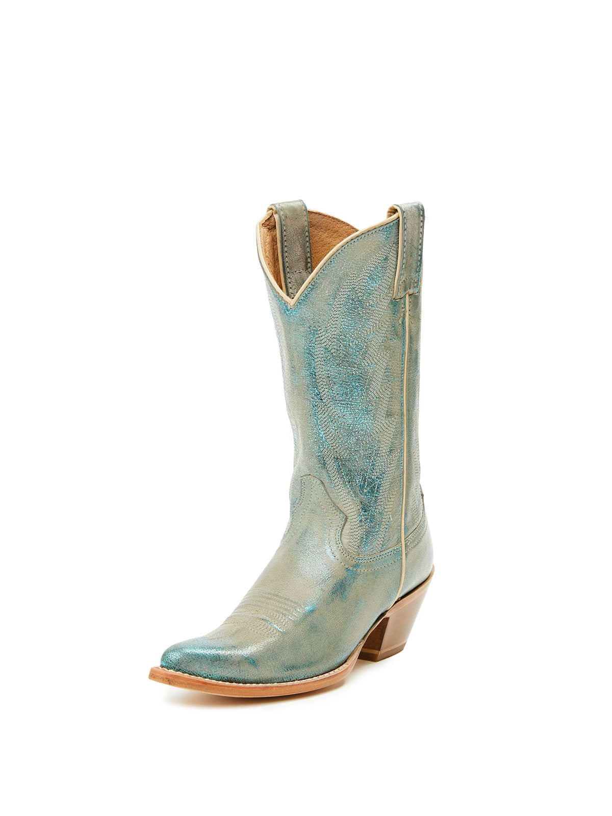 Metallic Turquoise Almond-Toe Classic Embroidery Mid Calf Cowgirl Boots