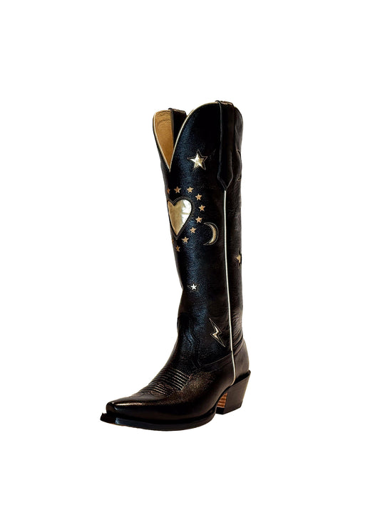 Black Snip-Toe Metallic Stars Heart Moon Inlay Wide Calf Knee High Cowgirl Boots