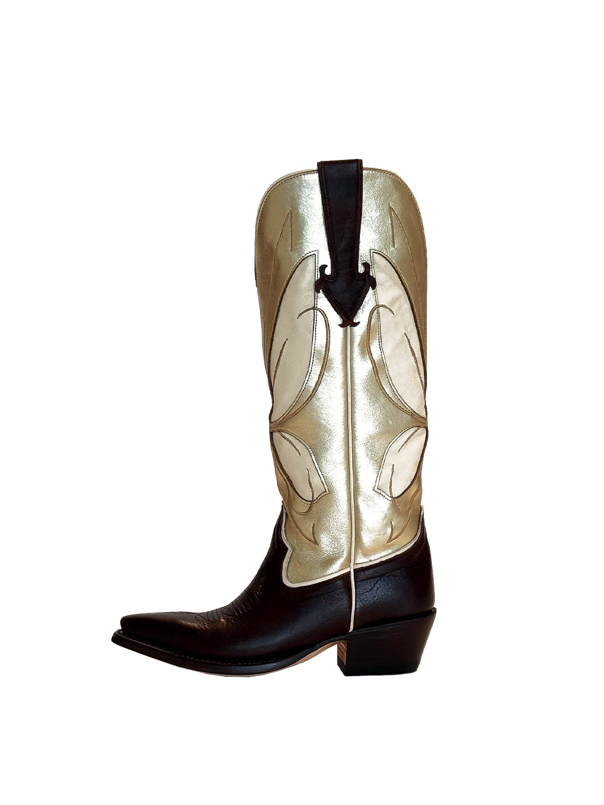 Contrast Metallic Gold And Black Snip-Toe Butterfly Inlay Wide Calf Knee High Cowgirl Boots