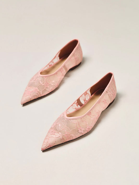 Pink Lace Mesh Pointed-Toe Slip-On Classic Flats
