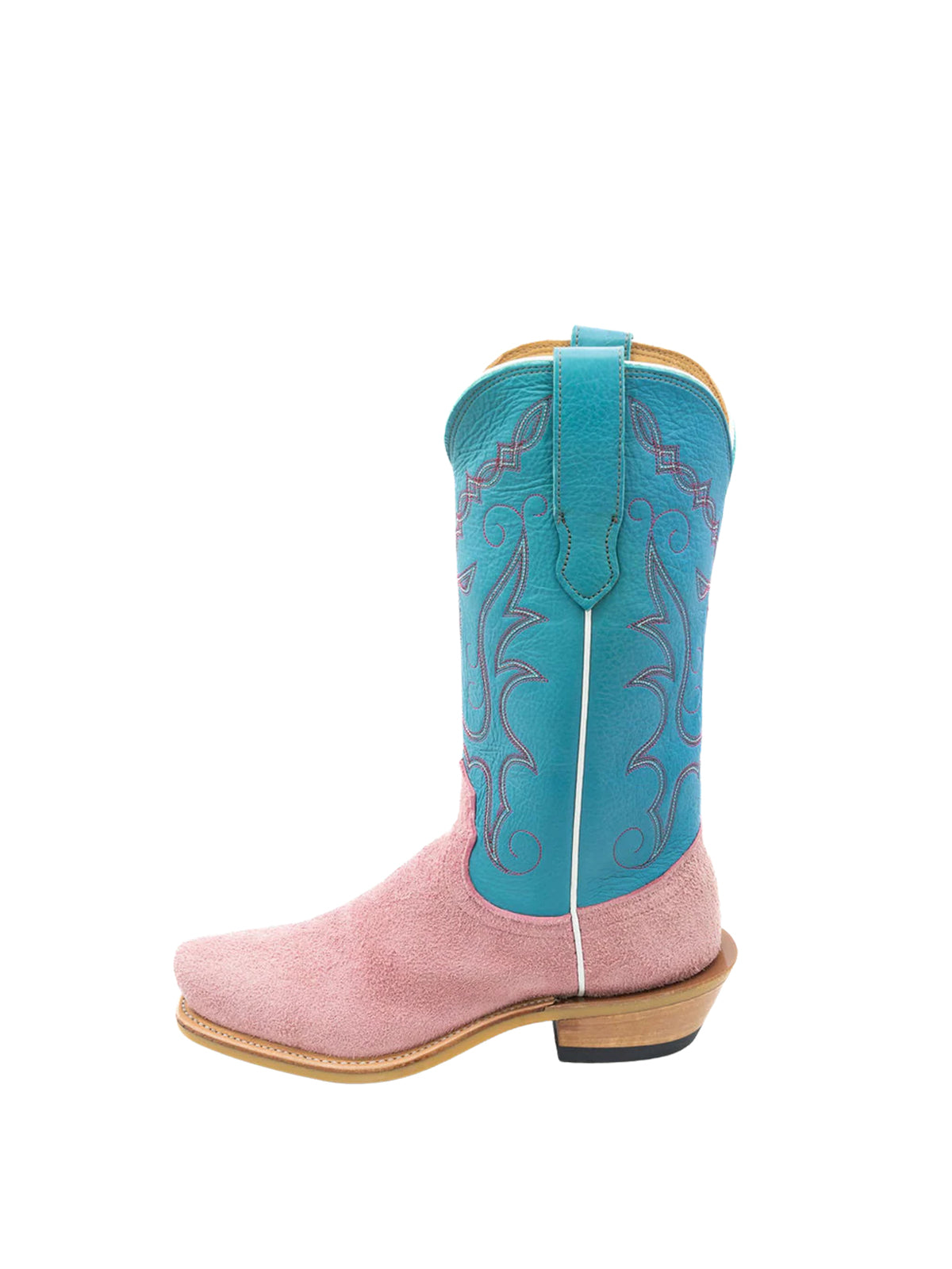 Contrast Pink And Turquoise Square-Toe Classic Embroidery Mid Calf Cowgirl Boots