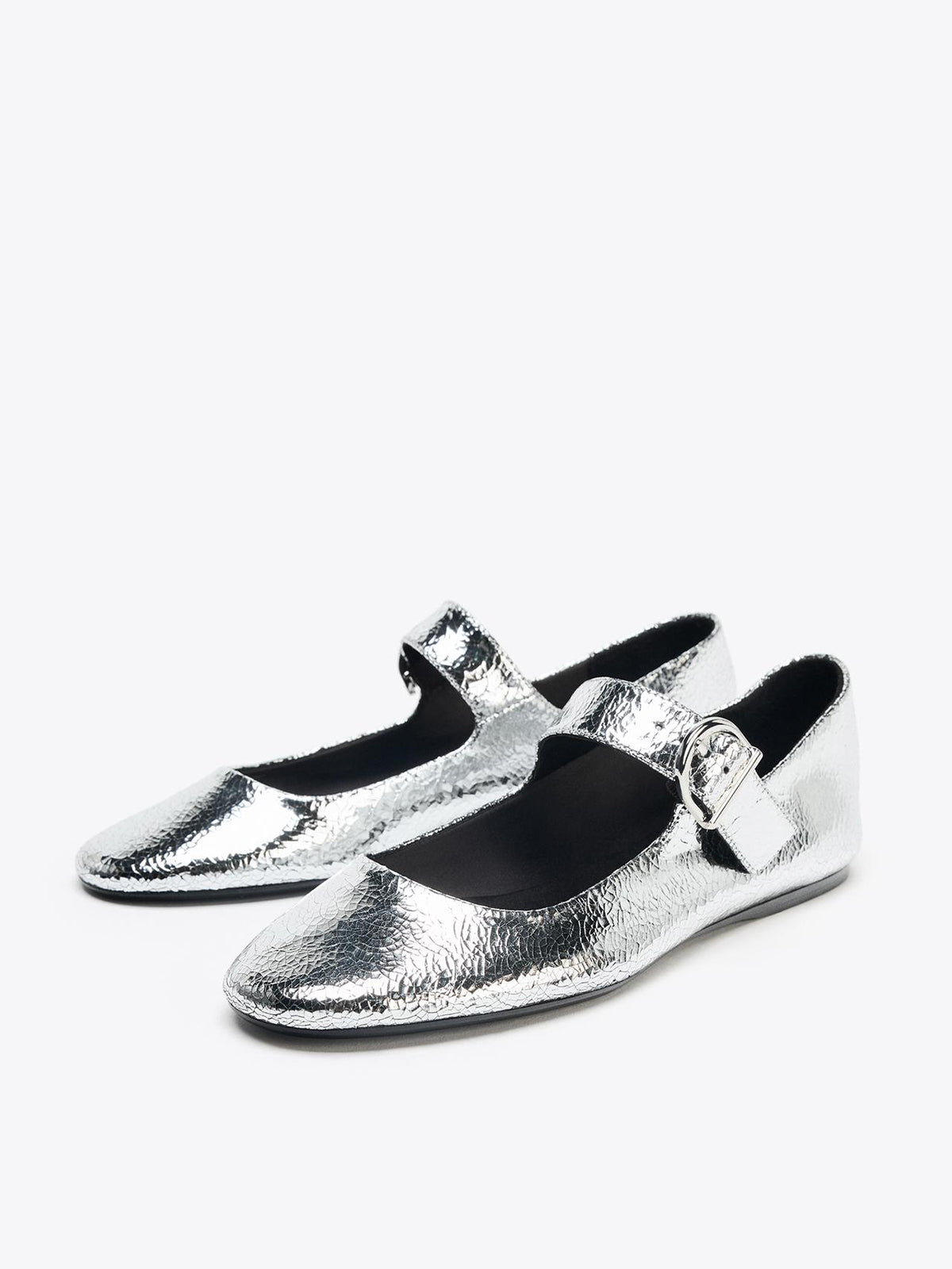 Metallic Silver Round-Toe Bridge Strap Ballet Flats