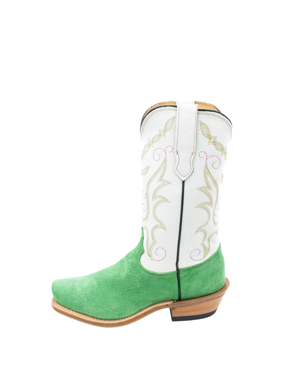 Contrast White And Green Square-Toe Classic Embroidery Mid Calf Cowgirl Boots