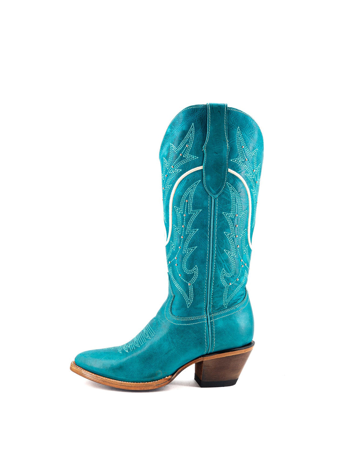Turquoise Almond-Toe Embroidery With Studs Half-Zip Mid Calf Cowgirl Boots