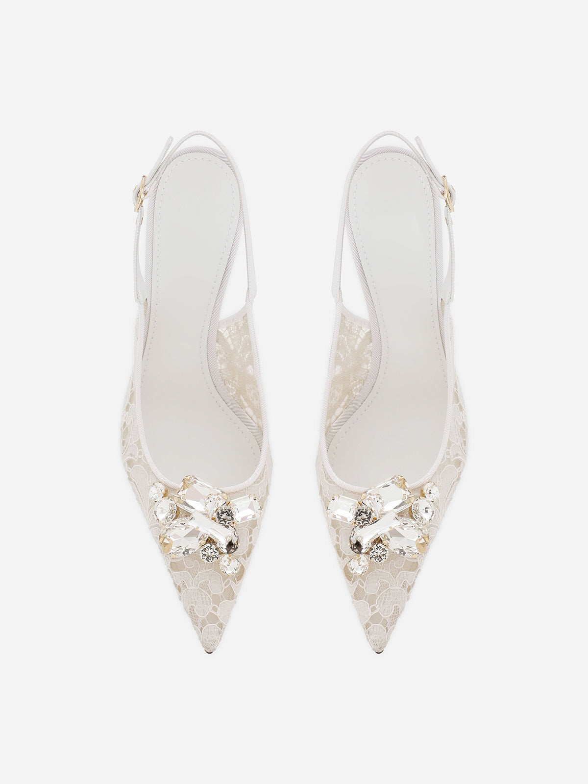 Ivory Lace Mesh Pointed-Toe Front Crystals Slingback High Heels Pumps