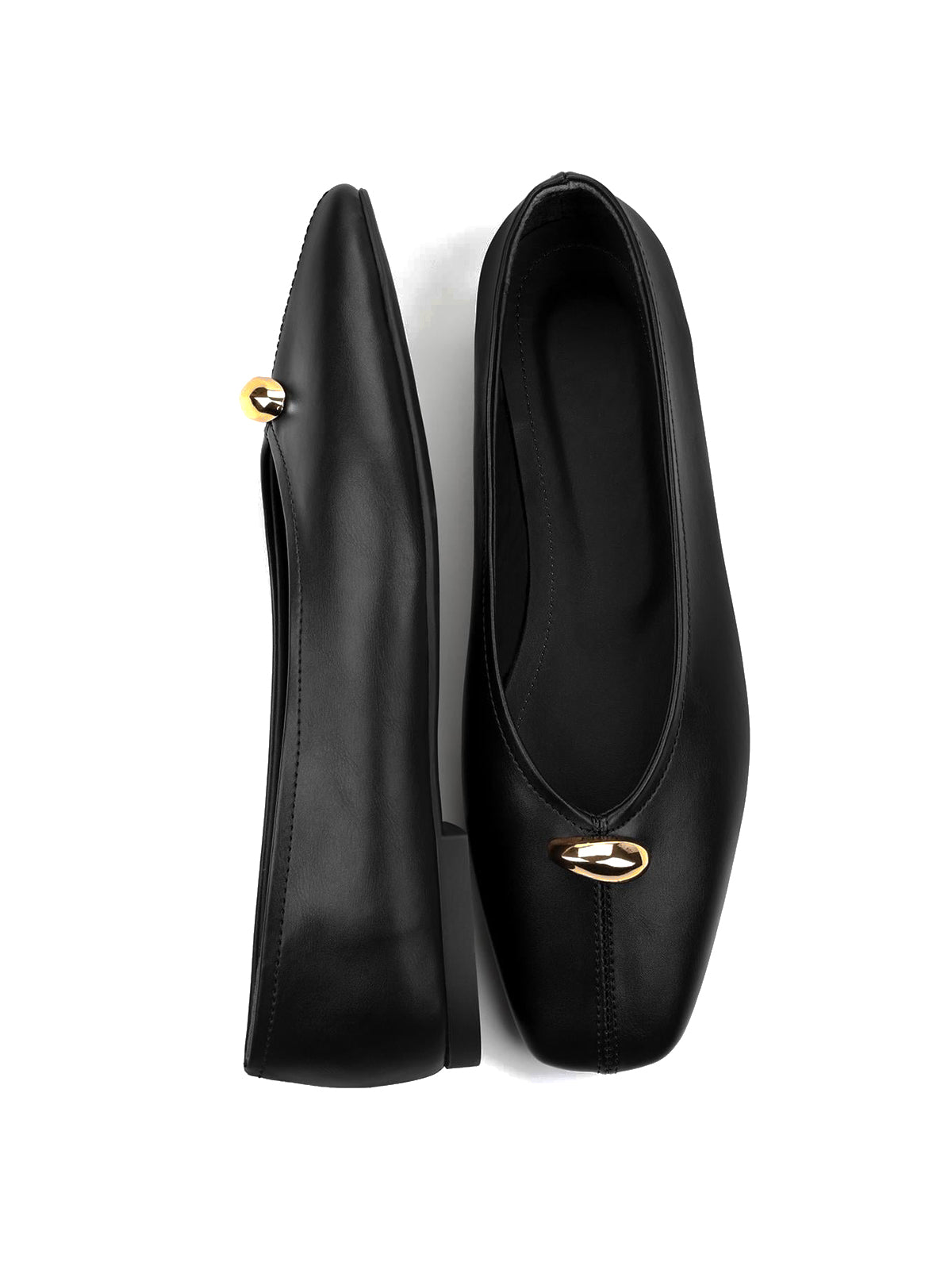 Black Square-Toe Front Gold Metal Detail Slip-On Flats