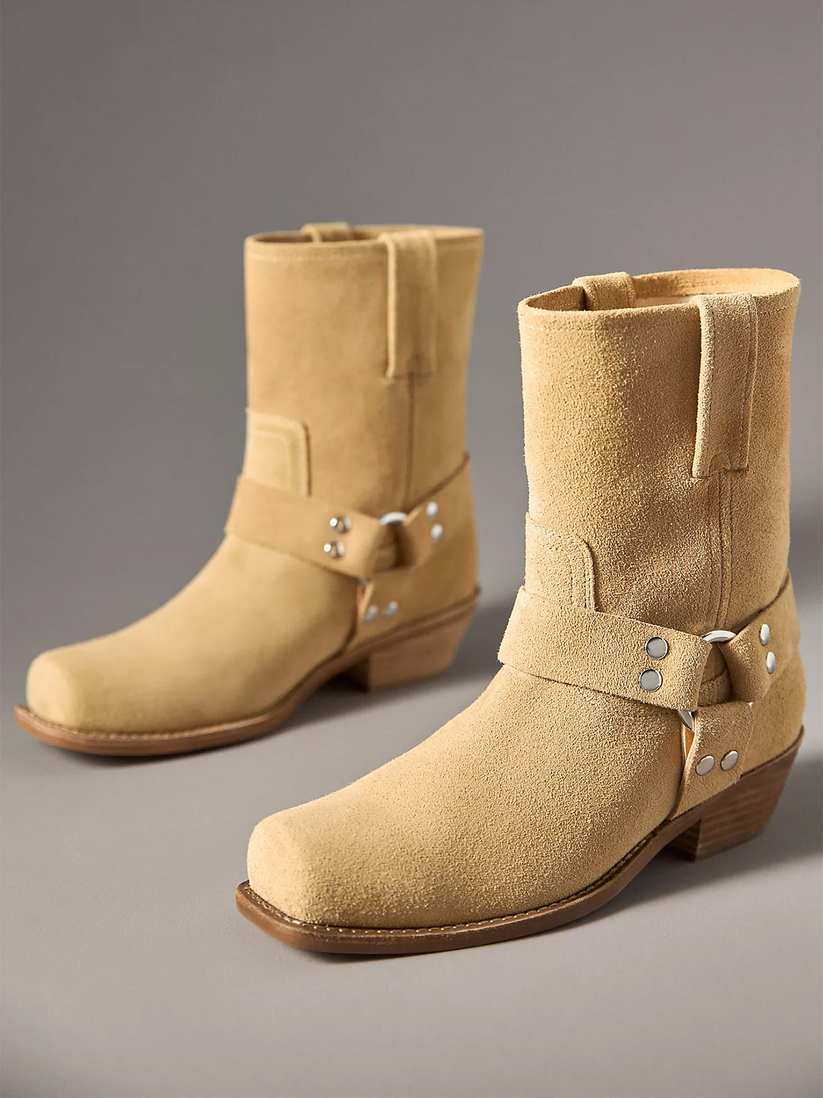 Natural Faux Suede Square-Toe Buckles Cowgirl Ankle Boots