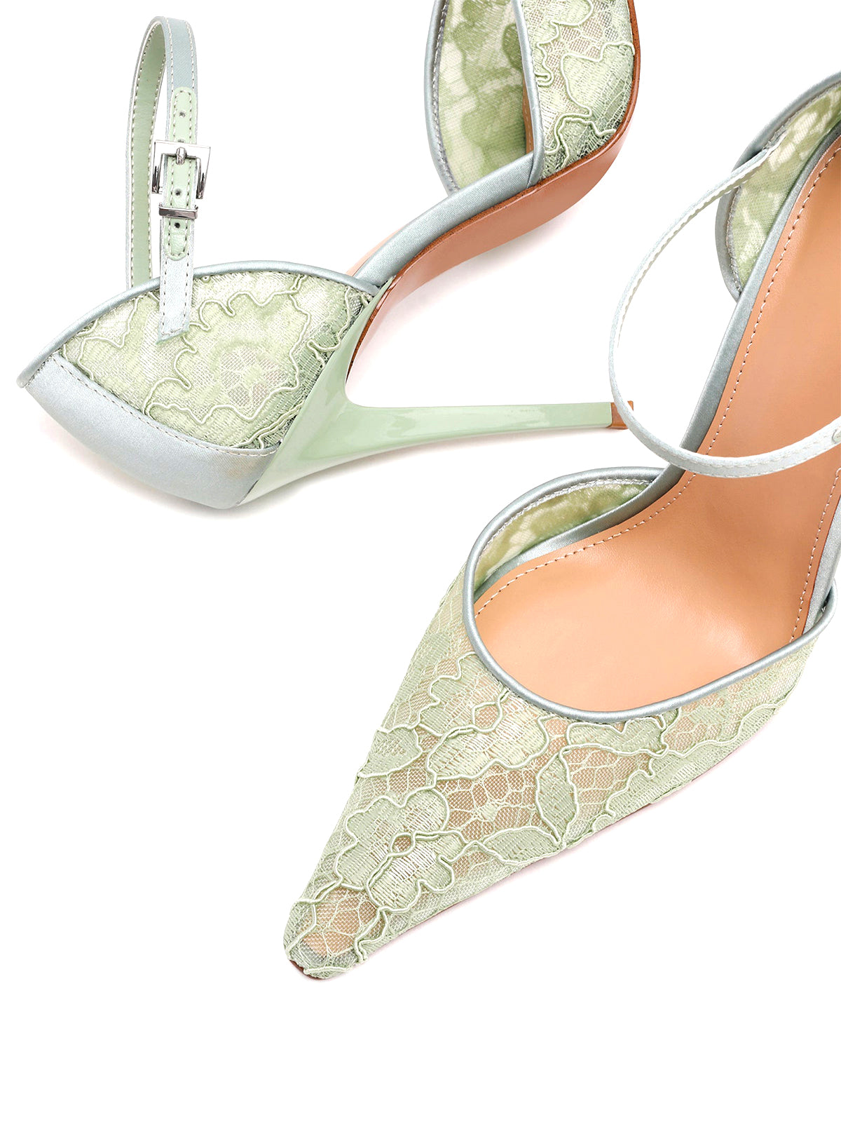 Високи токчета Avant с дантела от шамфъстък и заострени пръсти, с каишка за глезена