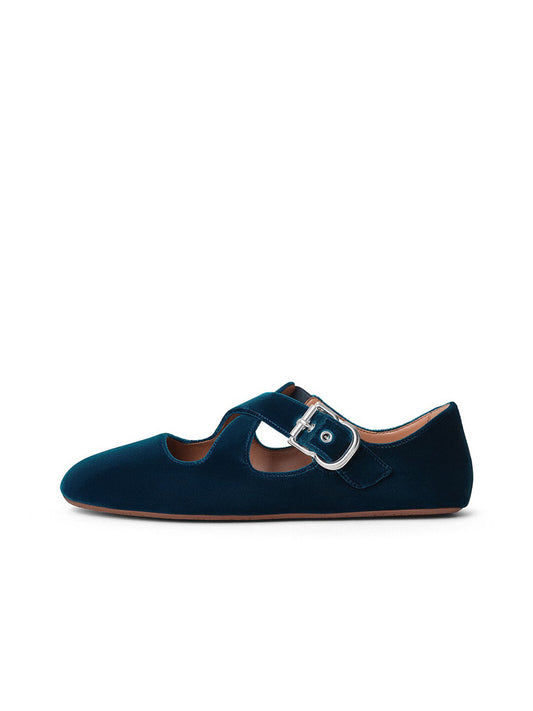 Dark Blue Velvet Round-Toe Criss Cross Strap Ballet Flats