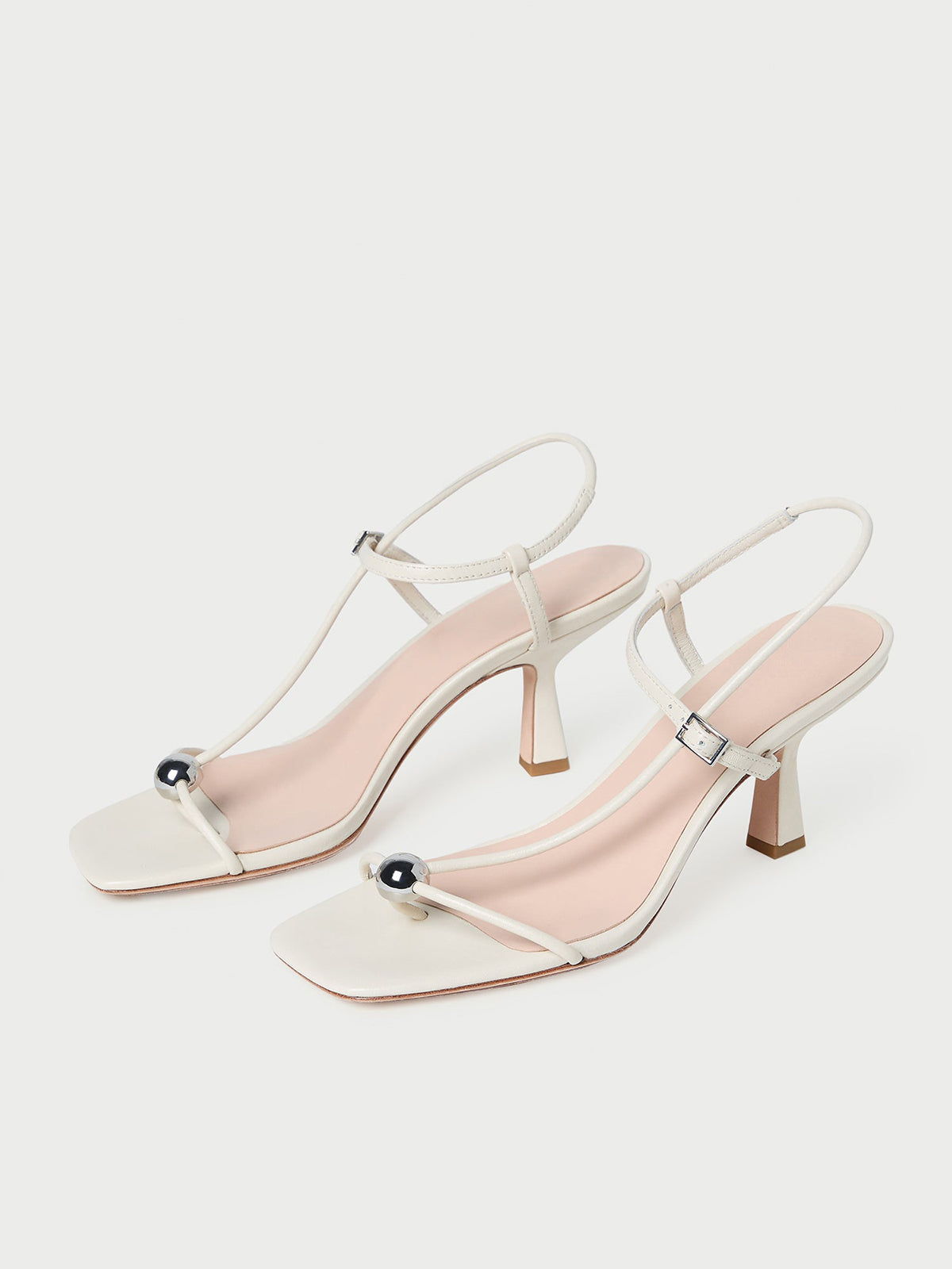 White Square-Toe Buckle Strappy Kitten Heels With One Silver Ball