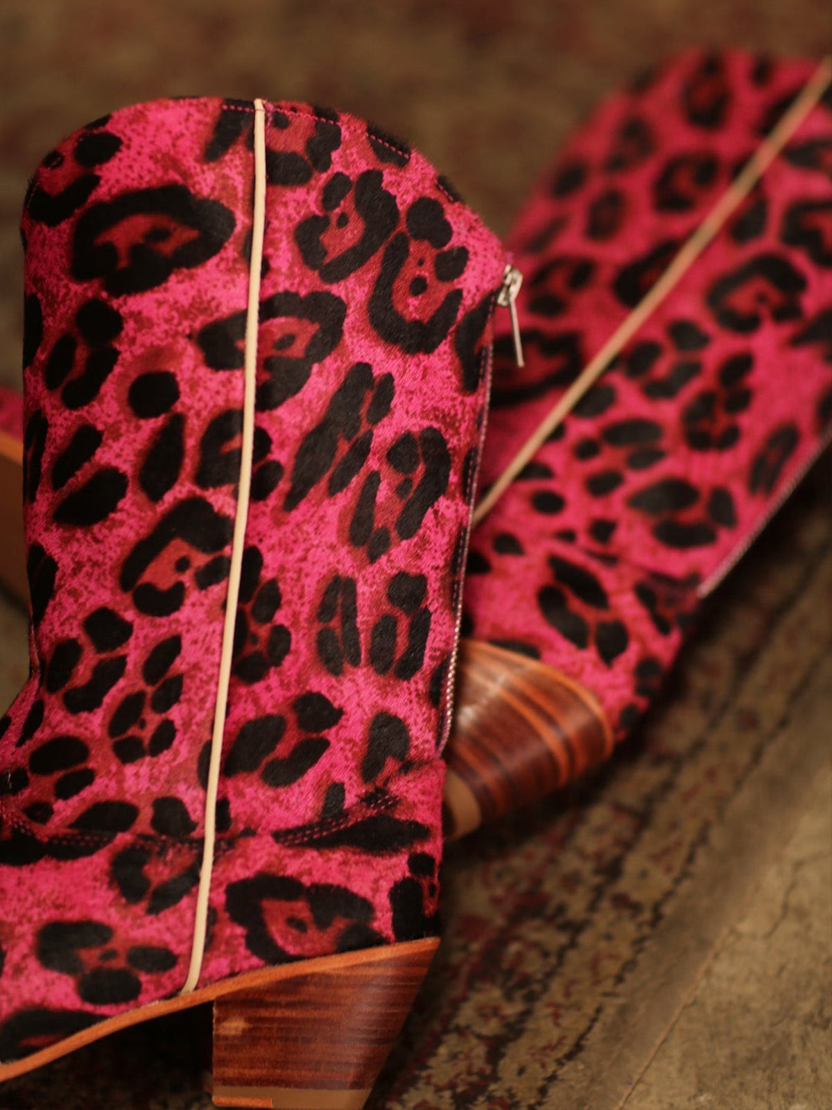 Leopard Print Round-Toe Back Full-Zip Simple Cowgirl Boots