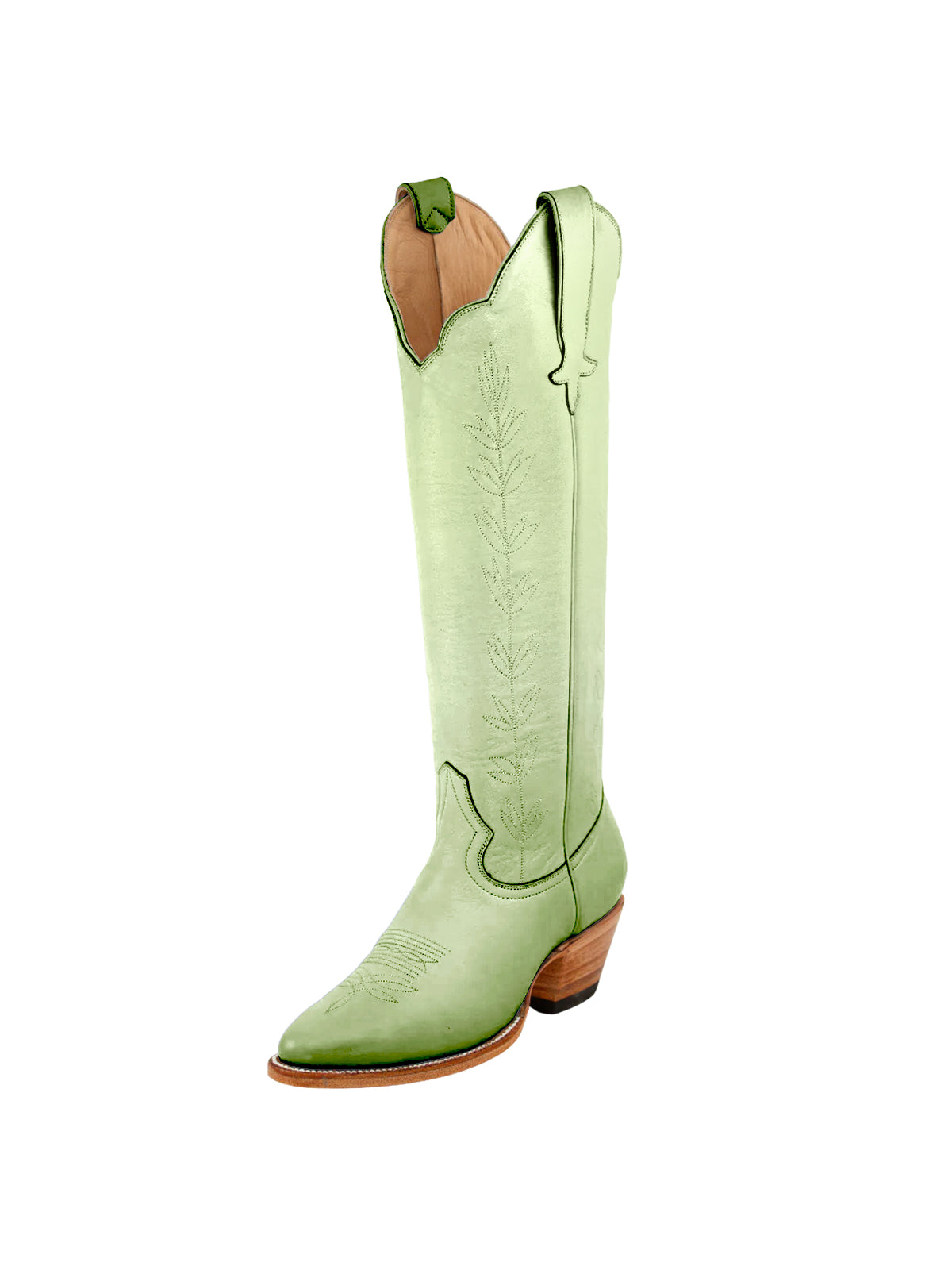Almond-Toe Leaves Embroidery Wide Calf Knee High Cowgirl Boots - Matcha Green