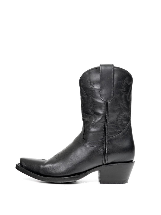 Black Snip-Toe Western Embroidery Full-Zip Ankle Cowgirl Boots