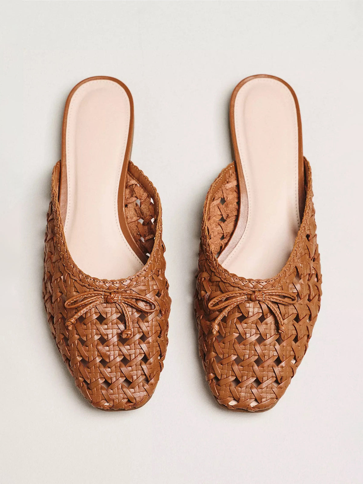 Tan Woven Vegan Leather Square-Toe Front Bow Mules Flats