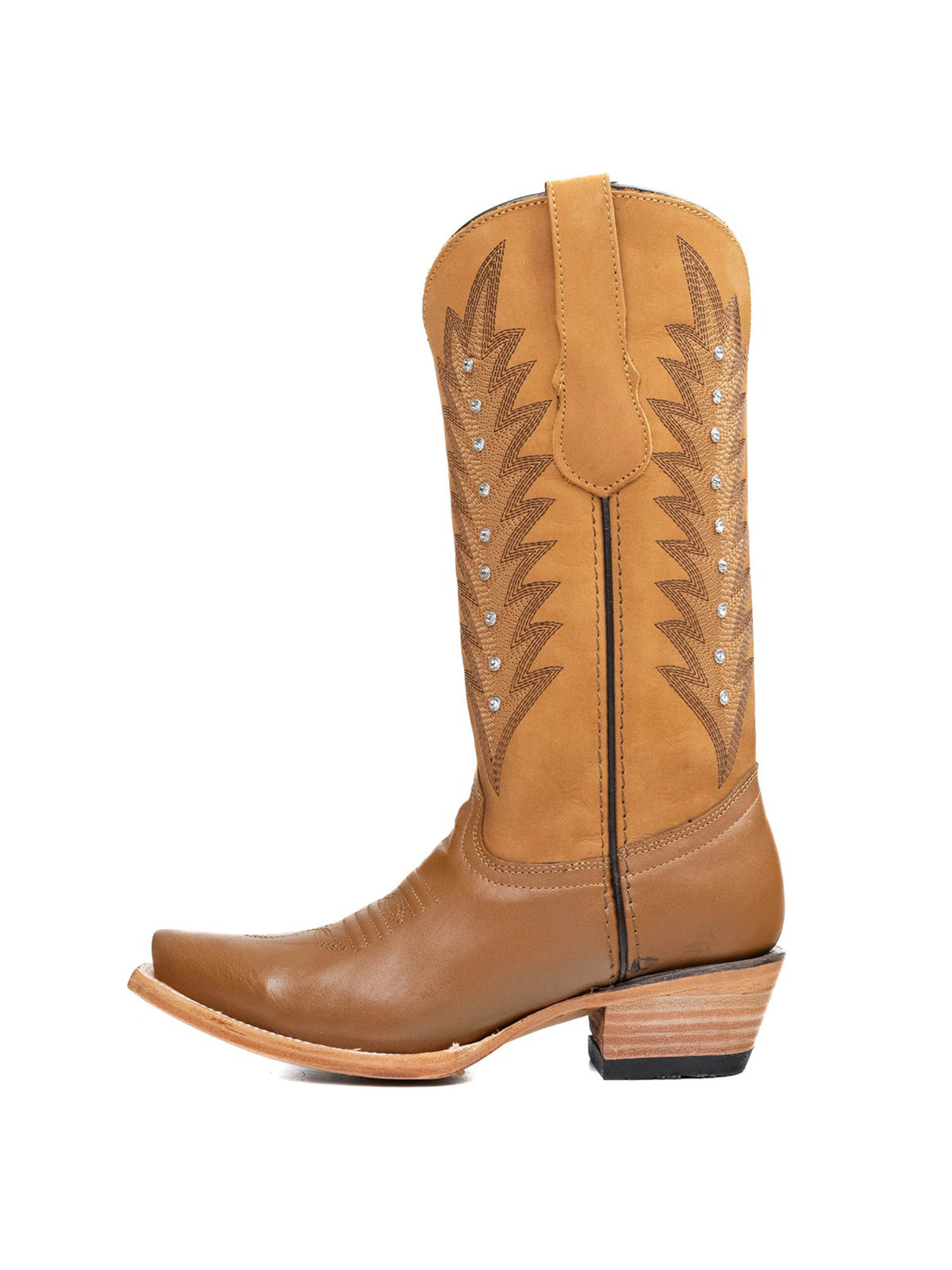 Tan Western Snip-Toe Embroidery And Studs Mid Calf Chic Cowgirl Boots