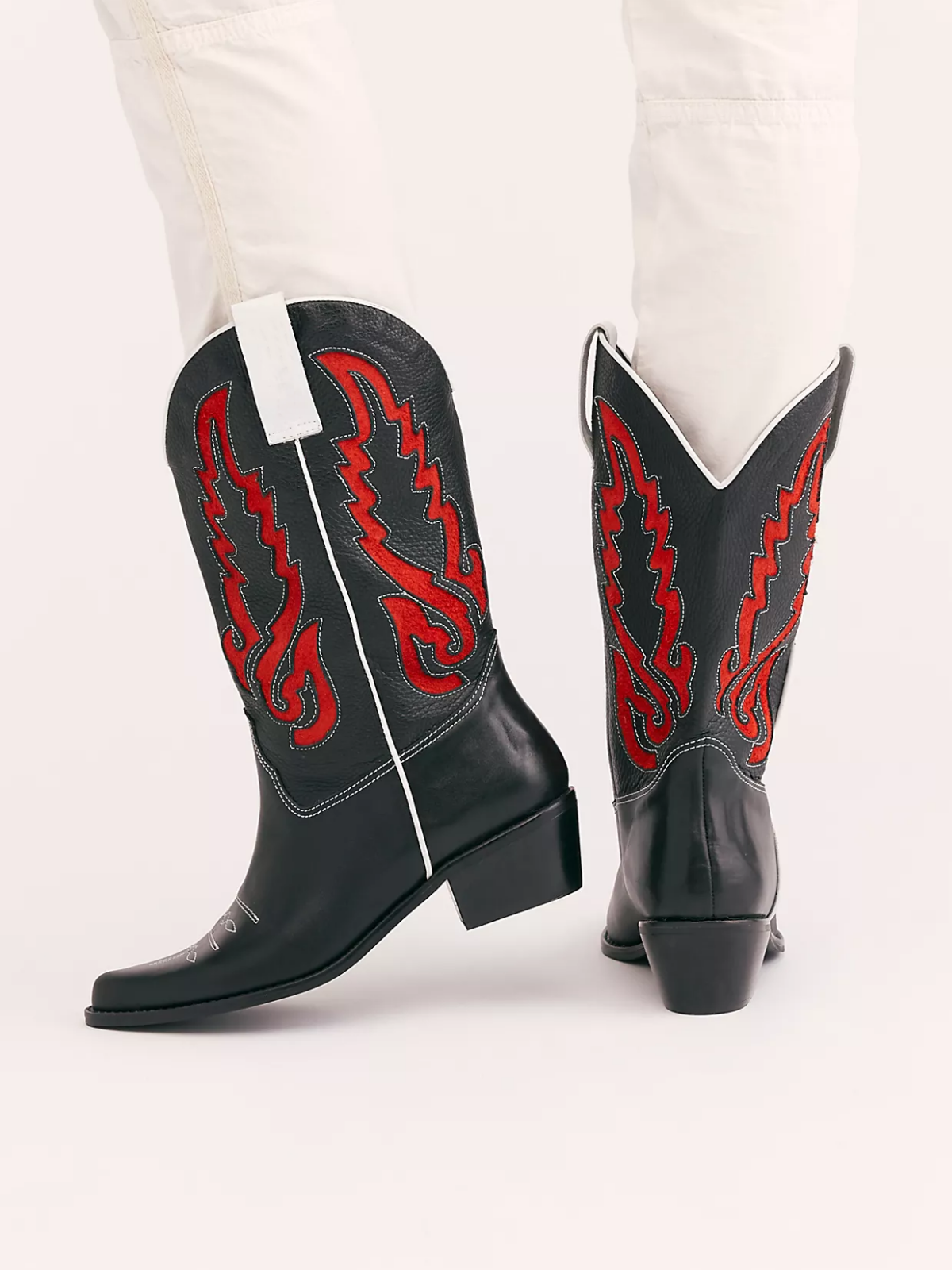 Black Pointed-Toe Inlay Wide Mid Calf Cowgirl Boots