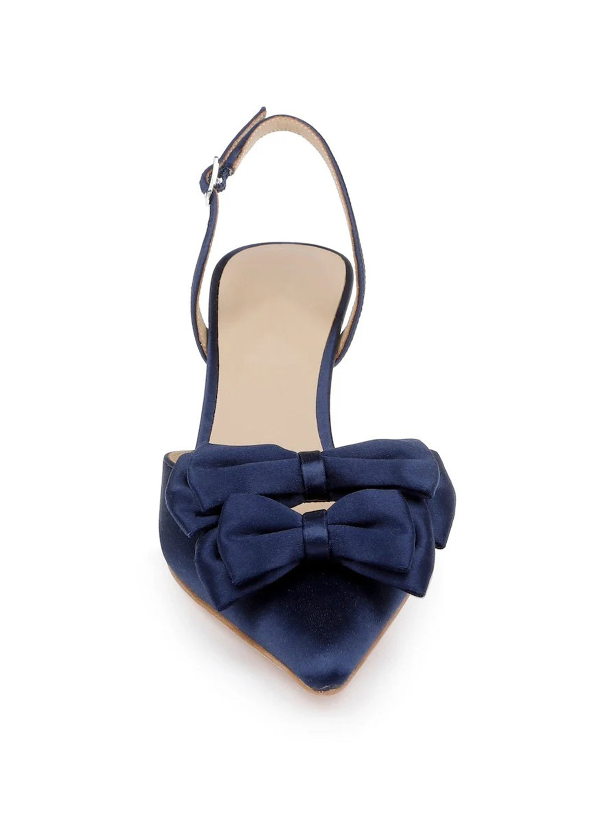 Dark Blue Satin Pointed-Toe Front Double Bows Slingback High Heels