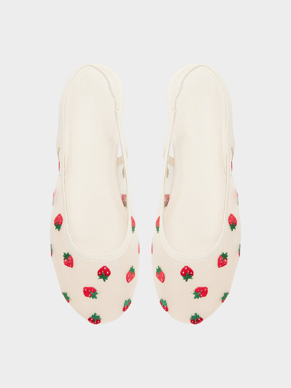 Cream Mesh Round-Toe Strawberry Embroidery Chic Back Strap Flats