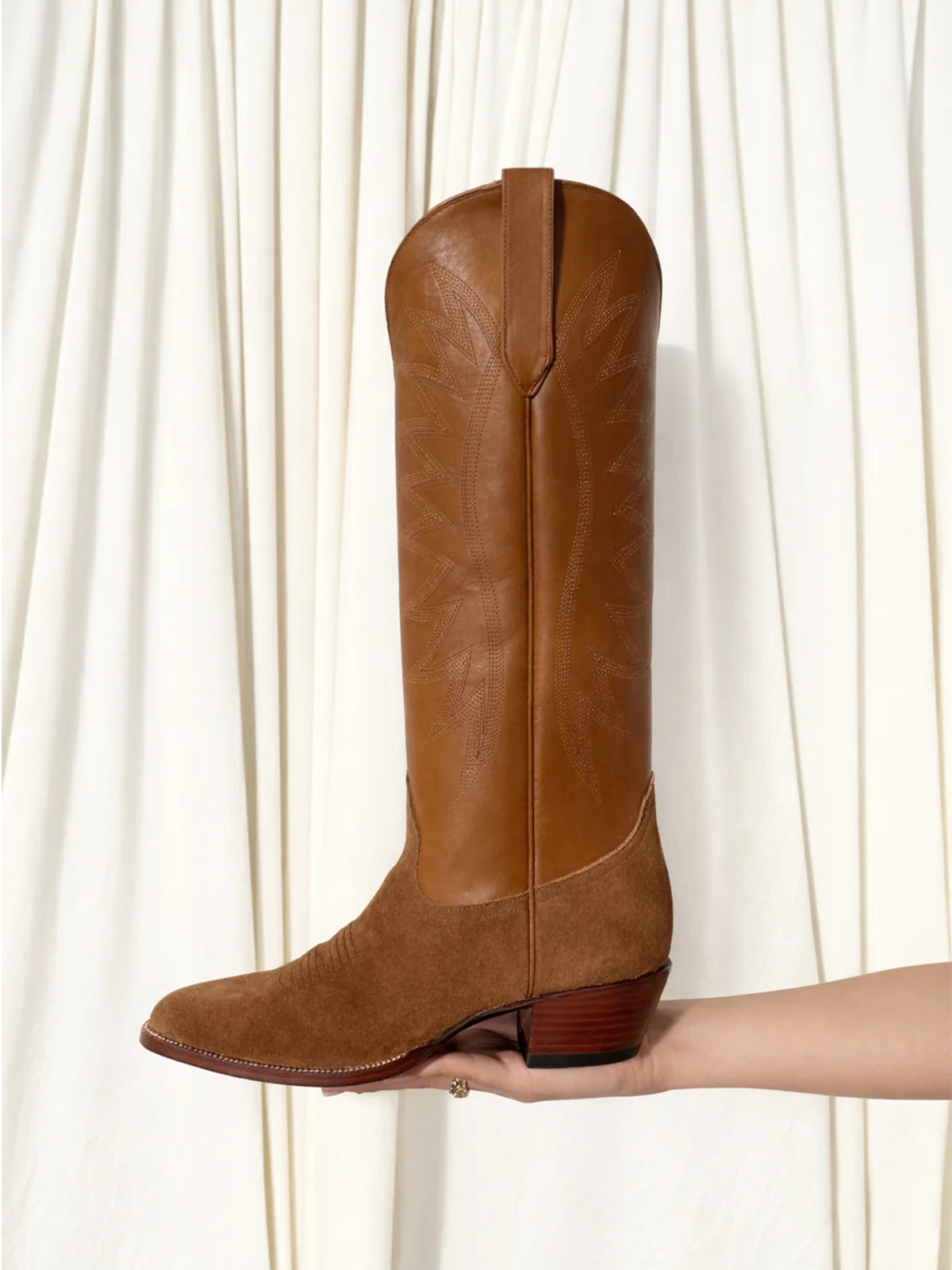 Brown Faux Suede And Vegan Leather Almond-Toe Embroidery Wide Calf Knee High Cowgirl Boots