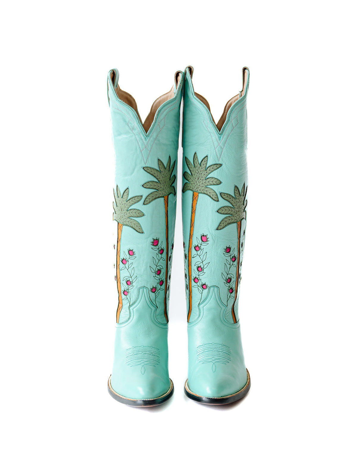 Light Green Almond-Toe Wide Calf Western Boots Knee High Tall Boots With Green Palm Inlay