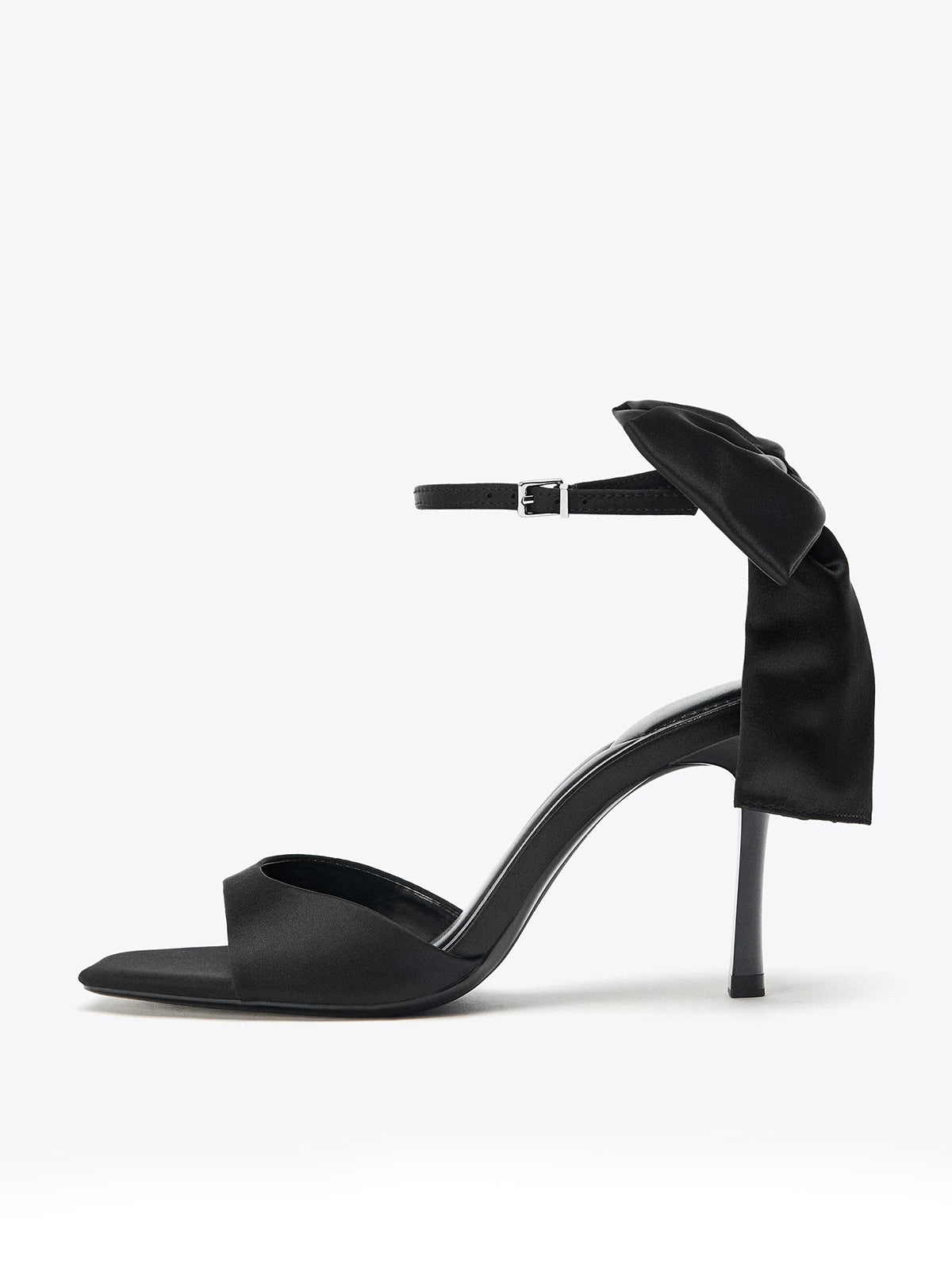 Black Satin Square-Toe Ankle Strap With Bow High Heels