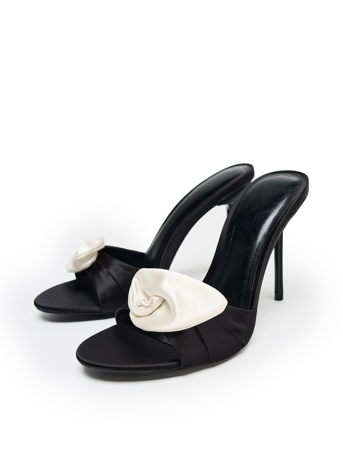 Black Satin Round-Toe Front Strap With Flower High Heels