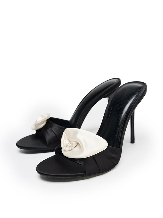 Black Satin Round-Toe Front Strap With Flower High Heels