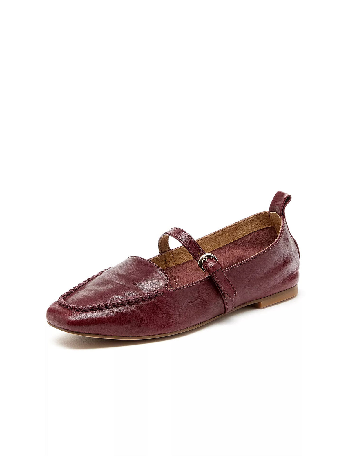 Wine Red Square-Toe Slip-On Mary Jane Flats Loafers