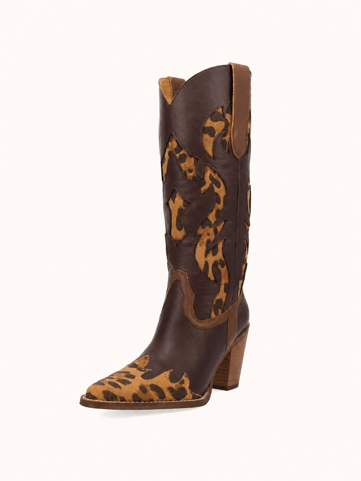Contrast Coffee And Leopard Pattern Snip-Toe Mid Calf Cowgirl Boots
