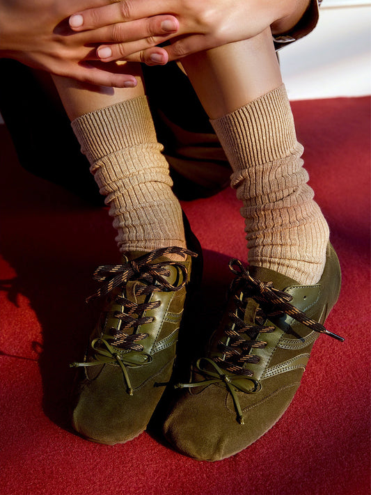 Khaki Green Cow Leather And Cow Suede Square-Toe Lace-Up Sneakers Flats